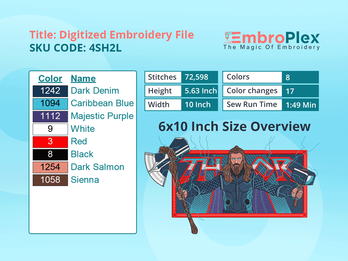 Super Hero-Inspired Thor Embroidery Design File - 6x10 Inch hoop Size Variation overview image