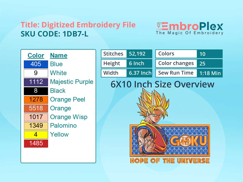 Anime-Inspired Goku Embroidery Design File - 6x10 Inch hoop Size Variation overview image