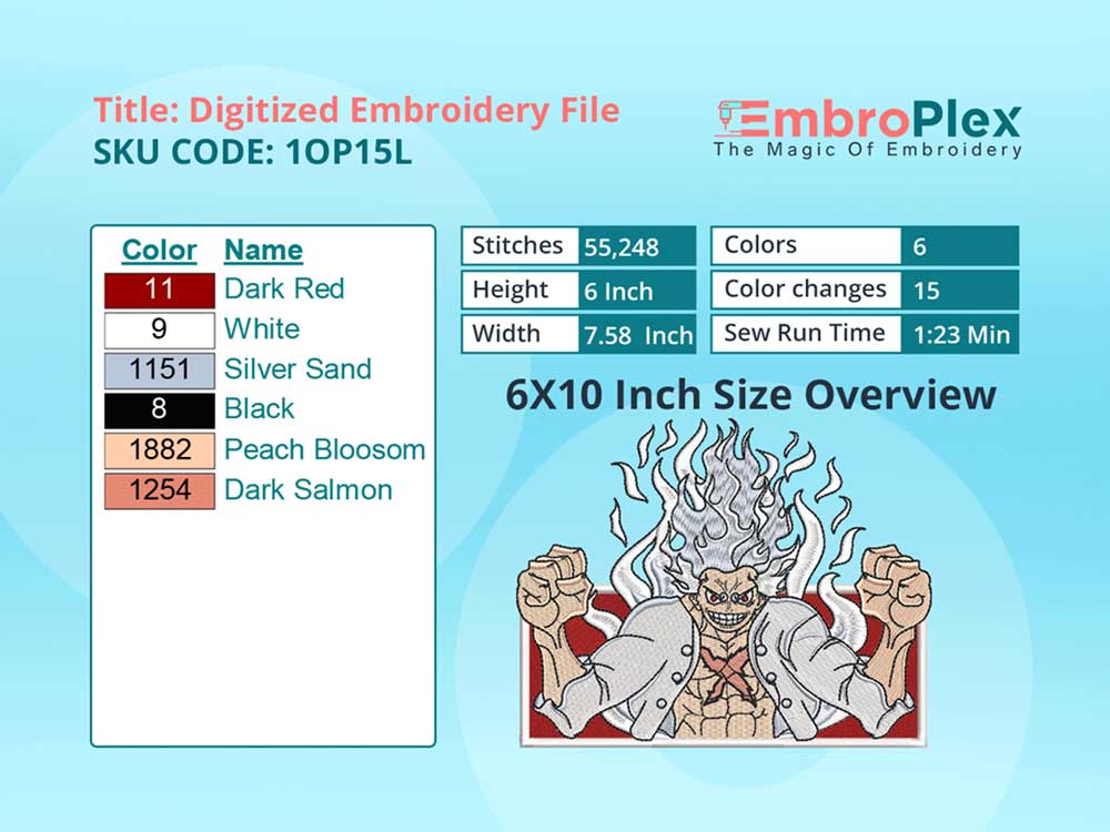 Anime-Inspired Luffy Gear Embroidery Design File - 6x10 Inch hoop Size Variation overview image