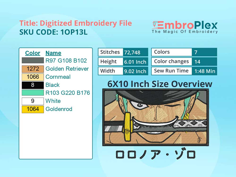  Anime-Inspired Roronoa Zoro Embroidery Design File - 6x10 Inch hoop Size Variation overview image