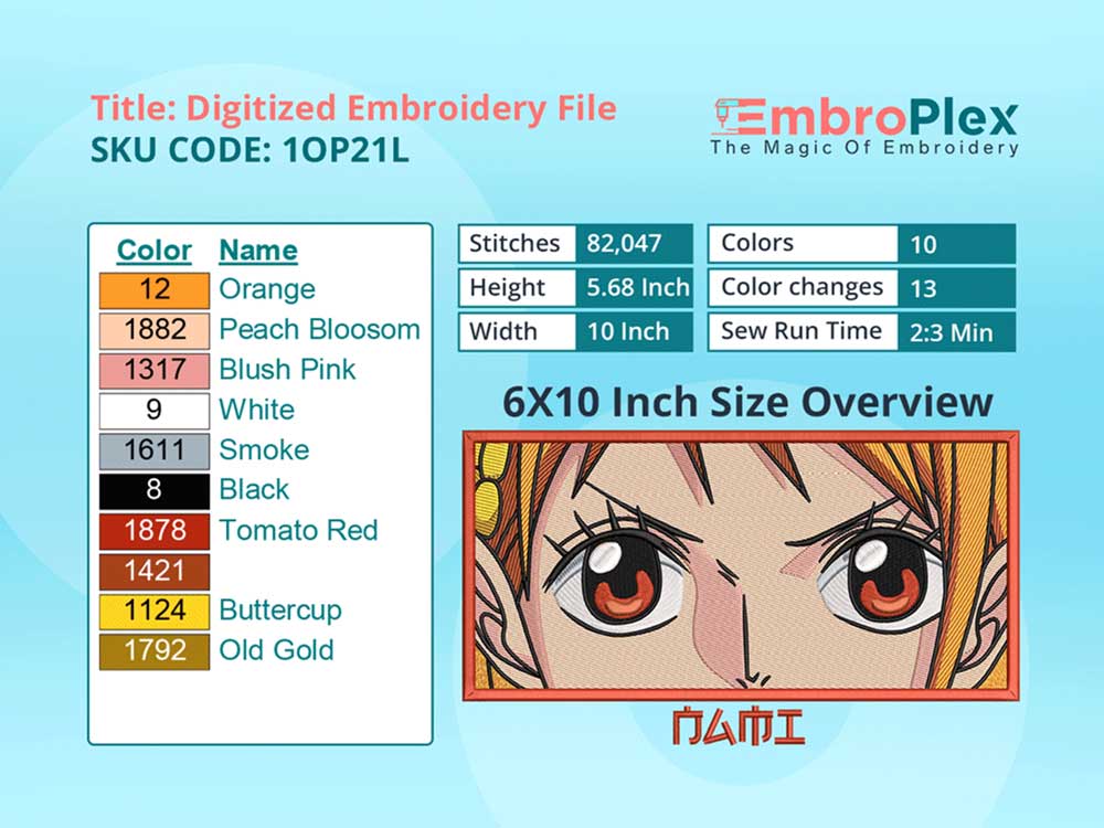  Anime-Inspired Nami Embroidery Design File - 6x10 Inch hoop Size Variation overview image