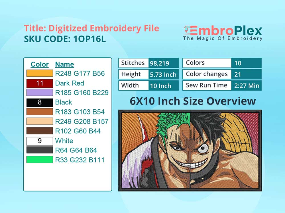 Anime-Inspired Zoro & Luffy Embroidery Design File - 6x10 Inch hoop Size Variation overview image