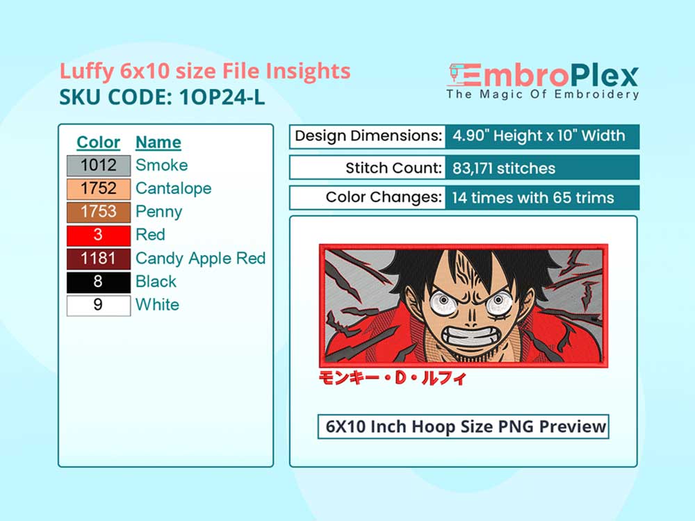  Anime-Inspired Luffy  Embroidery Design File - 6x10 Inch hoop Size Variation overview image