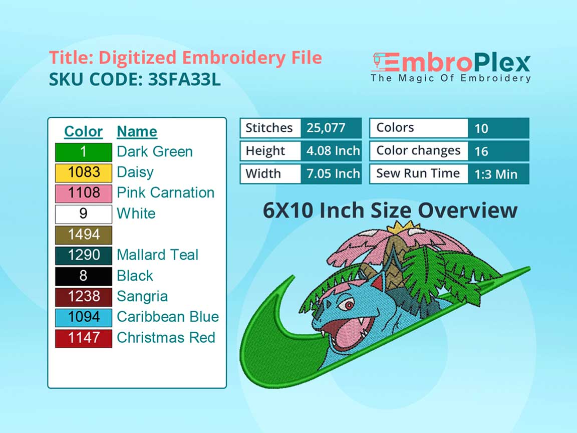 Bulbasaur Embroidery Design File - 6x10 Inch hoop Size Variation overview image