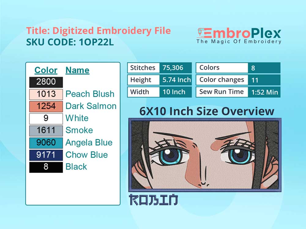 Anime-Inspired Nico Robin Embroidery Design File - 6x10 Inch hoop Size Variation overview image