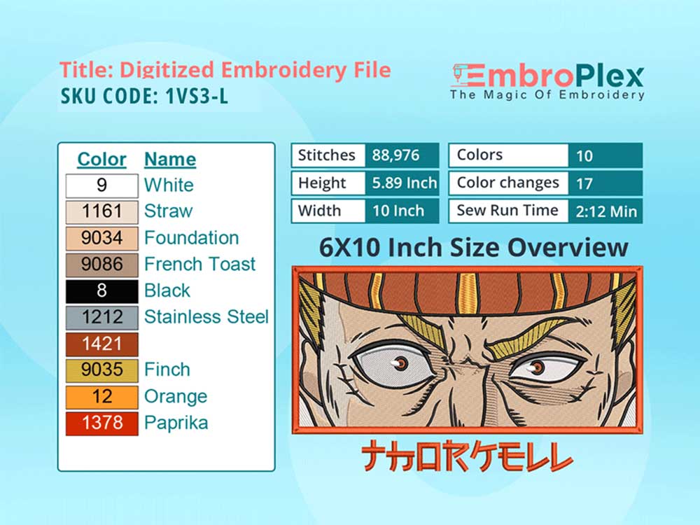 Anime-Inspired Thorkell Embroidery Design File - 6x10 Inch hoop Size Variation overview image