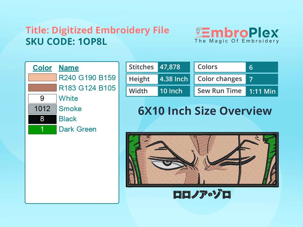 Anime-Inspired Zoro Rectangle Embroidery Design File - 6x10 Inch hoop Size Variation overview image