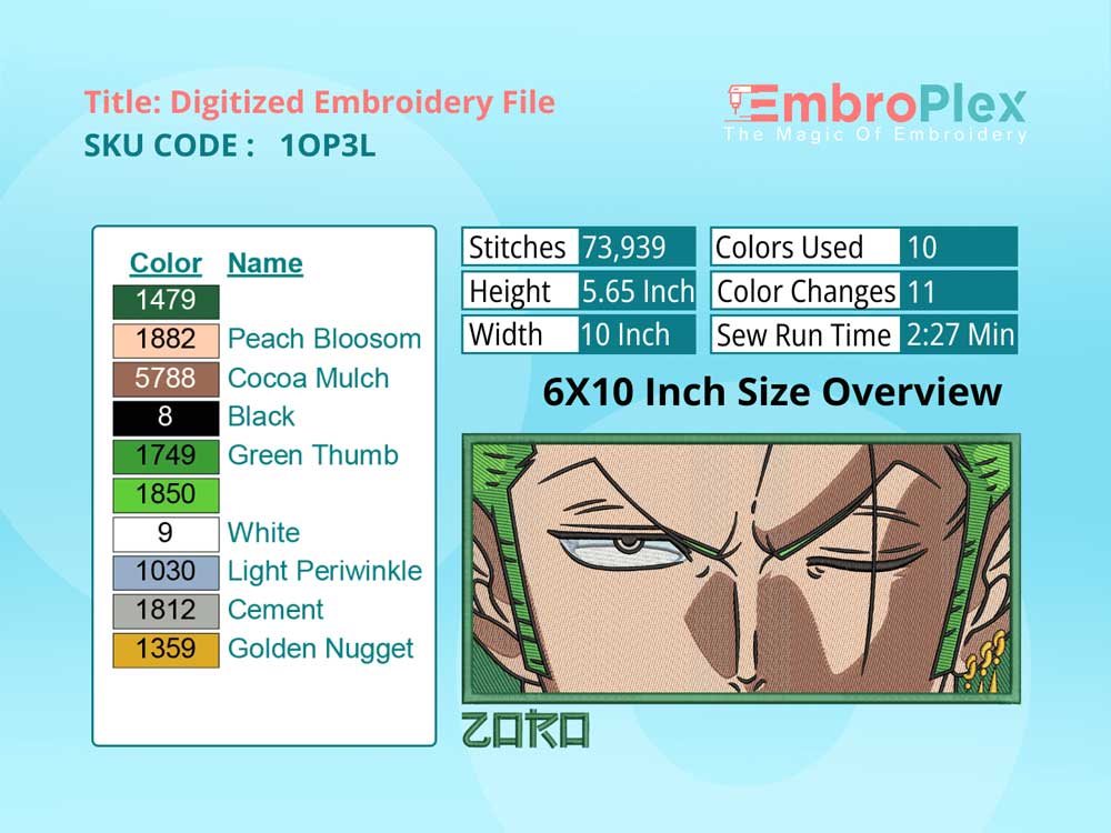 Anime-Inspired Roronoa Zoro Embroidery Design File - 6x10 Inch hoop Size Variation overview image