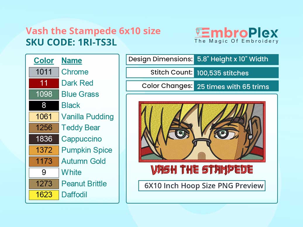 Anime-Inspired Vash the Stampede Embroidery Design File - 6x10 Inch hoop Size Variation overview image