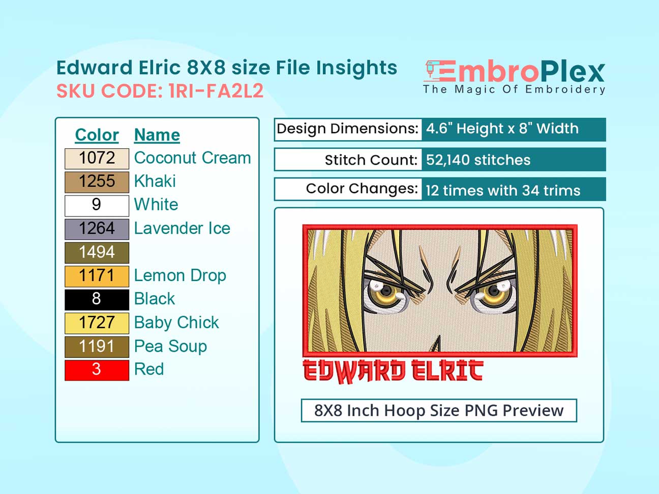 Anime-Inspired Edward Elric Embroidery Design File - 8x8 Inch hoop Size Variation overview image