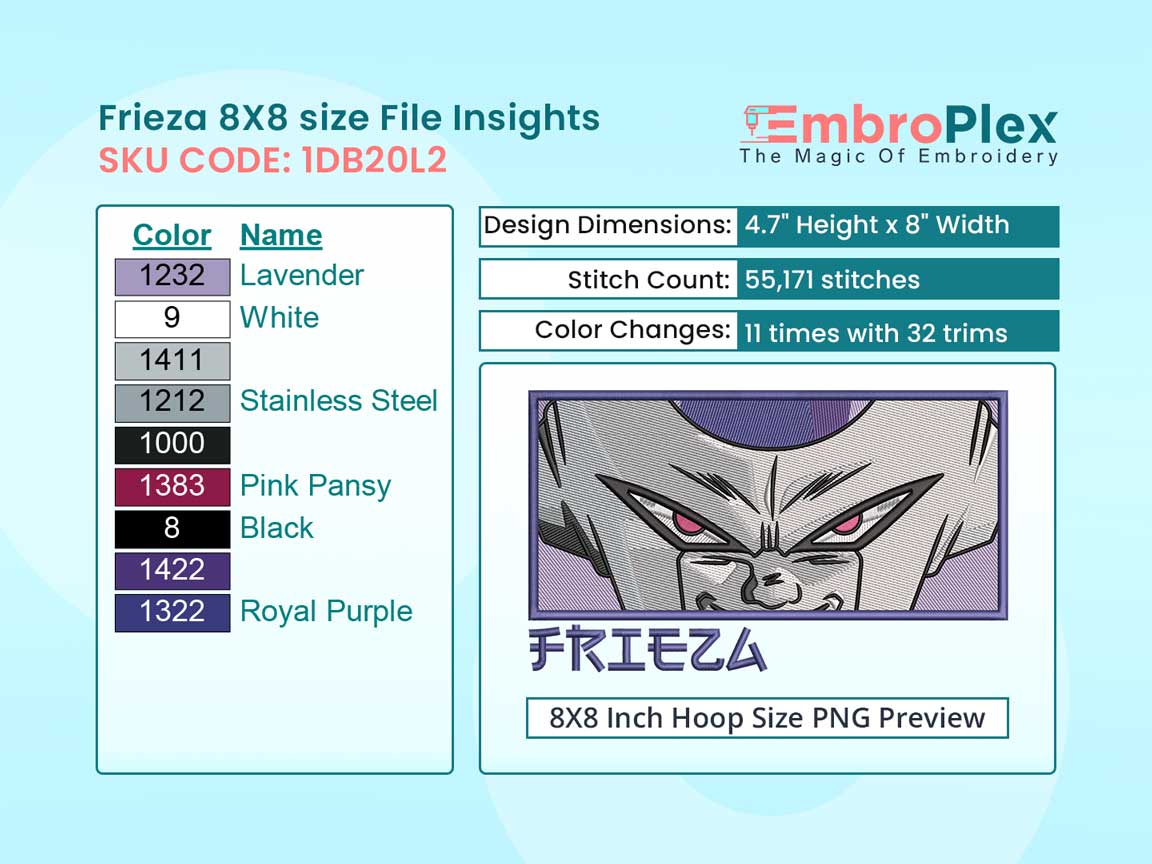 Anime-Inspired Frieza Embroidery Design File - 8x8 Inch hoop Size Variation overview image