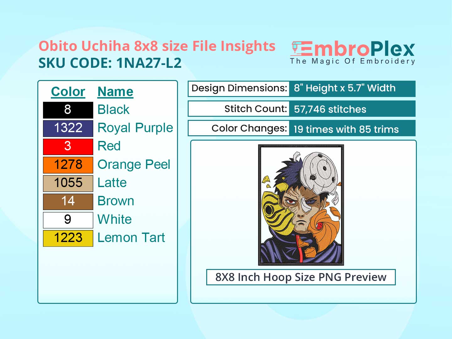 Anime-Inspired Obito Uchiha Embroidery Design File - 8x8 Inch hoop Size Variation overview image