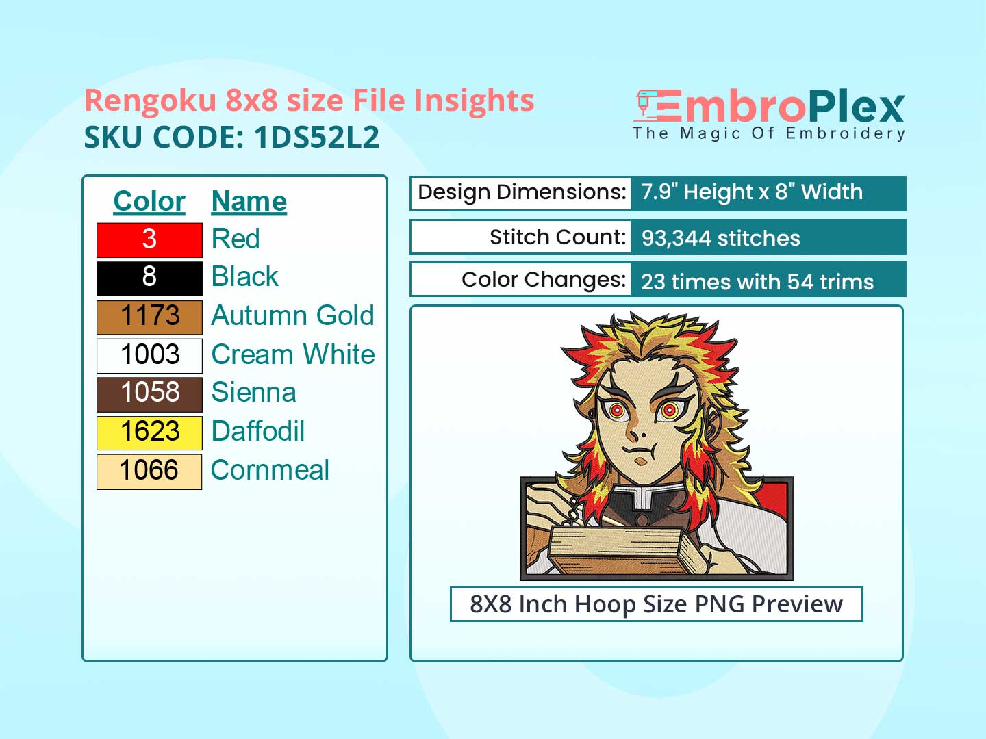 Anime-Inspired Rengoku Embroidery Design File - 8x8 Inch hoop Size Variation overview image