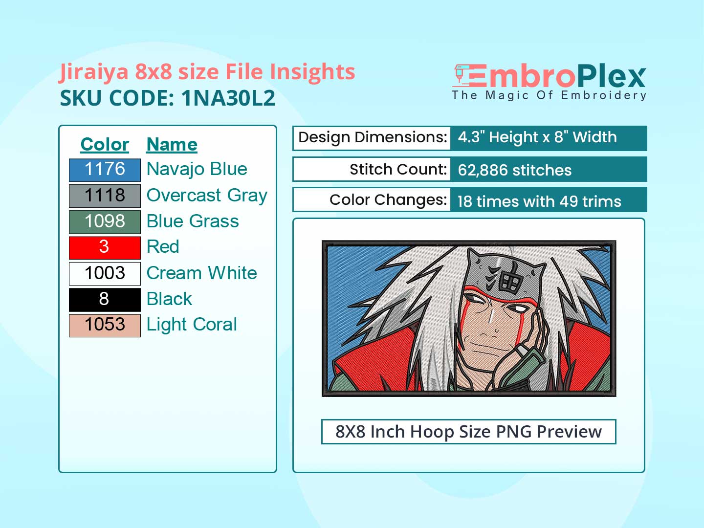 Anime-Inspired Jiraiya Embroidery Design File - 8x8 Inch hoop Size Variation overview image