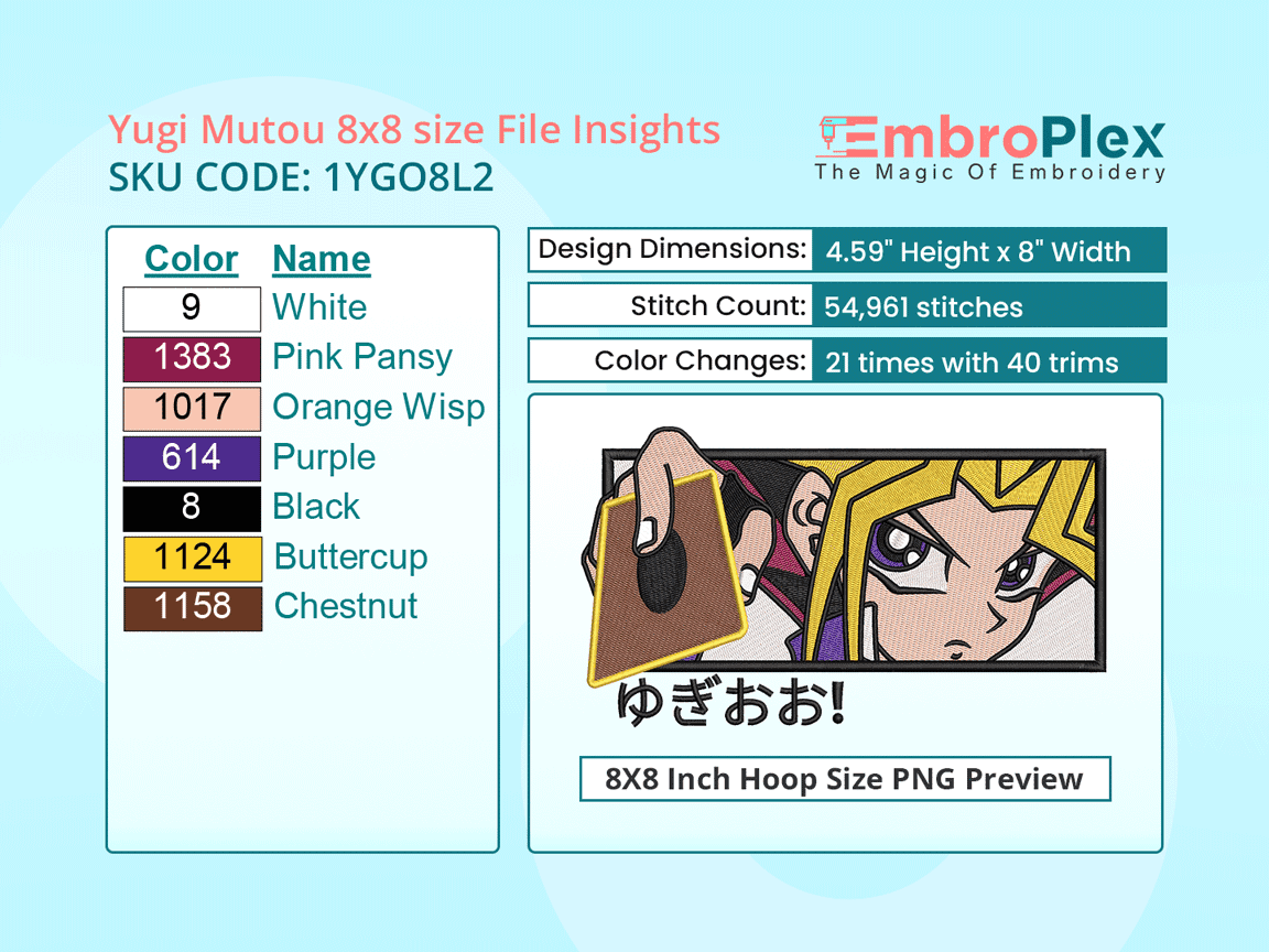  Anime-Inspired Yugi Mutou Embroidery Design File - 8x8 Inch hoop Size Variation overview image