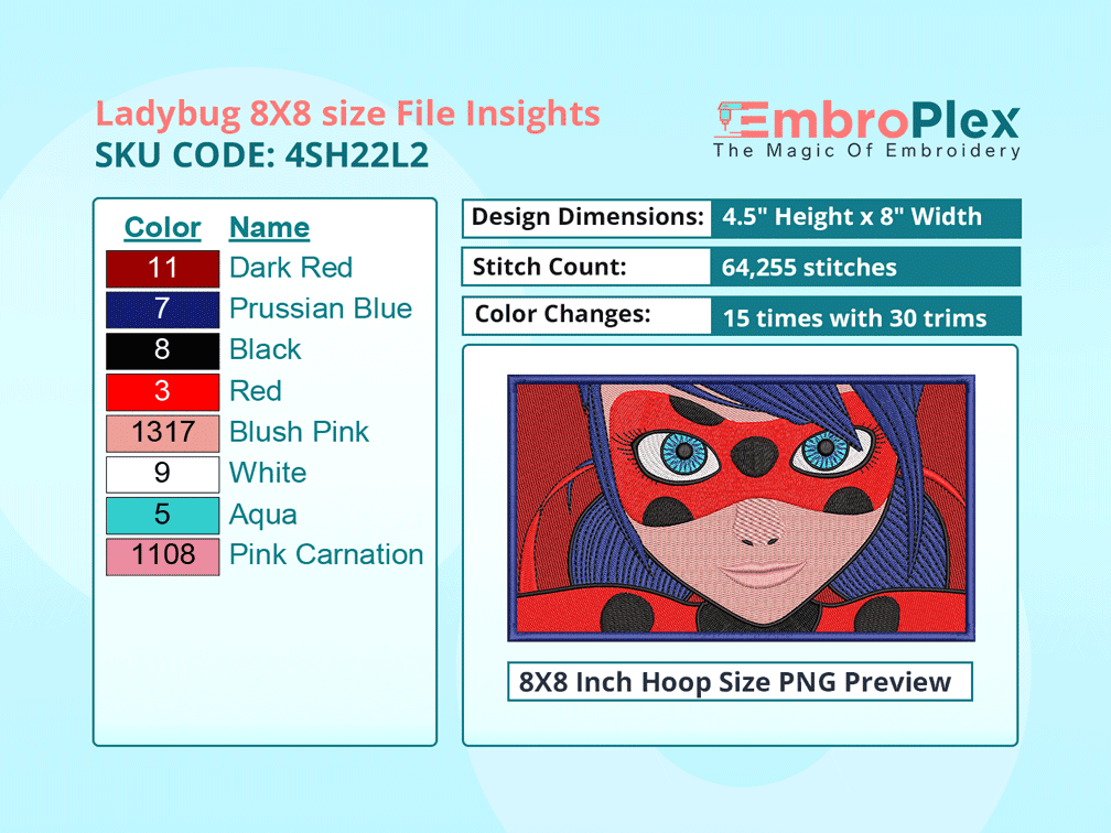 Super Hero-Inspired Miraculous Ladybug Embroidery Design File - 8x8 Inch hoop Size Variation overview image