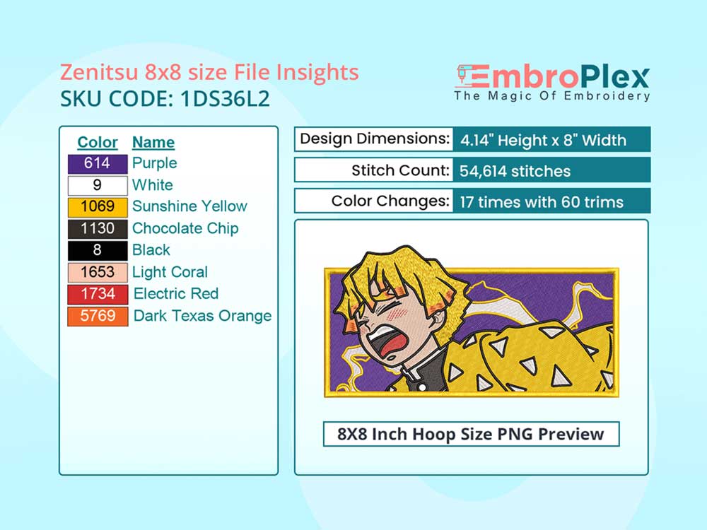 Anime-Inspired Zenitsu Agatsuma Embroidery Design File - 8x8 Inch hoop Size Variation overview image