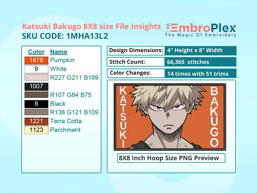 Anime-Inspired Katsuki Bakugo Embroidery Design File - 8x8 Inch hoop Size Variation overview image