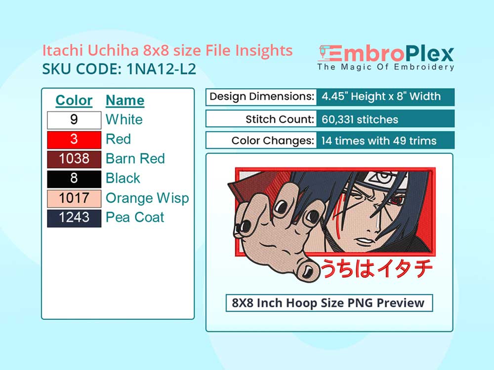 Anime-Inspired Itachi Uchiha  Embroidery Design File - 8x8 Inch hoop Size Variation overview image