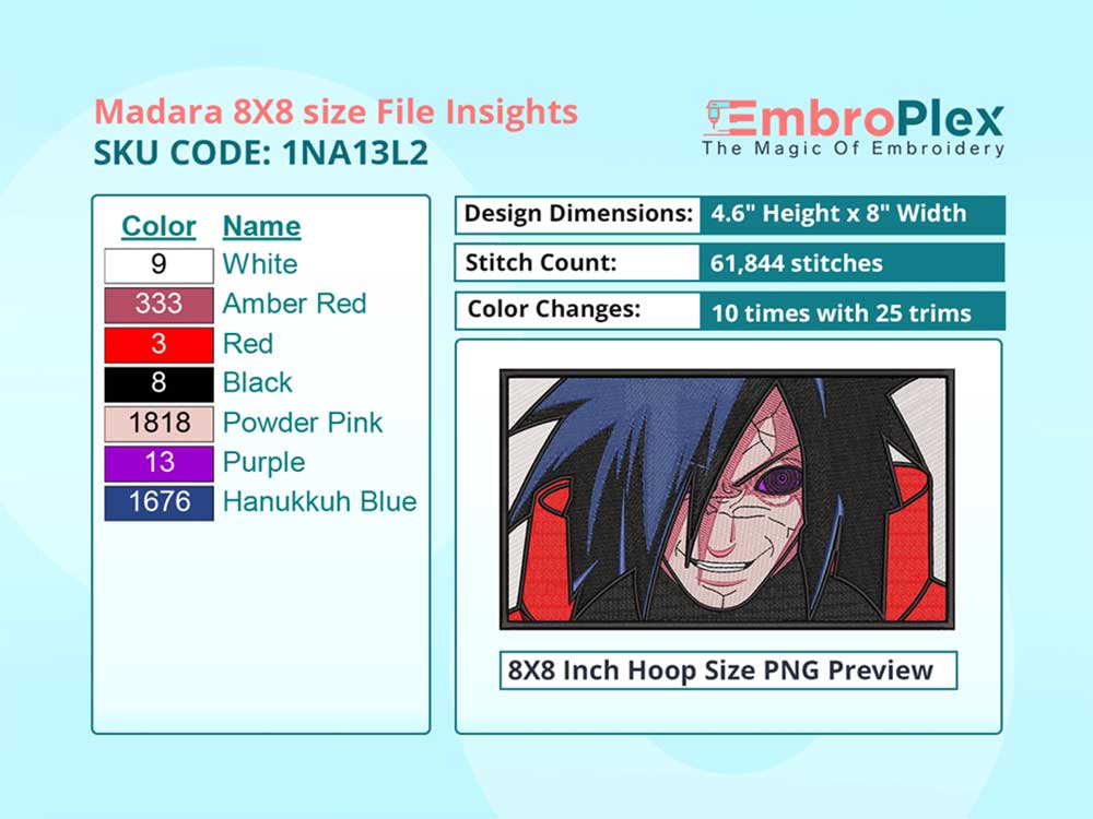  Anime-Inspired Madara Uchiha Embroidery Design File - 8x8 Inch hoop Size Variation overview image