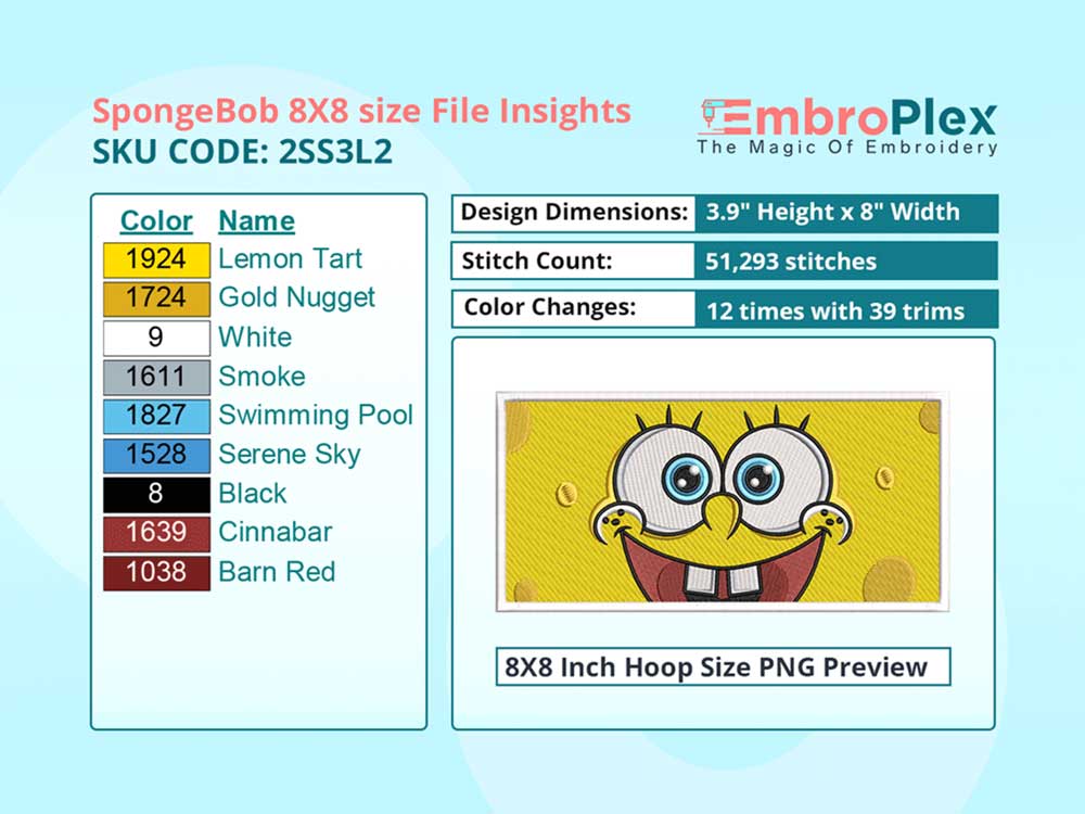 Cartoon-Inspired SpongeBob Embroidery Design File - 8x8 Inch hoop Size Variation overview image