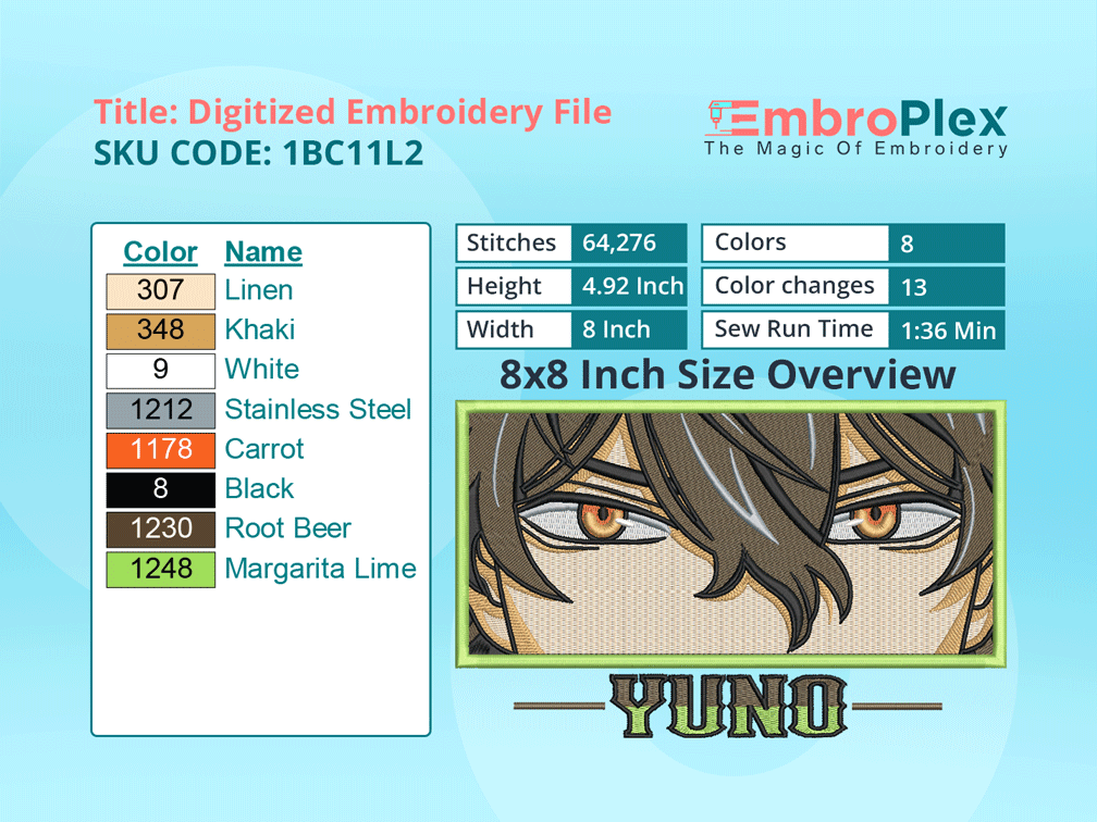 Anime-Inspired Yuno Embroidery Design File - 8x8 Inch hoop Size Variation overview image
