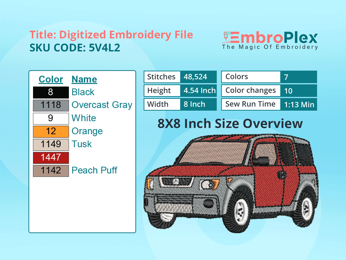 Car-Inspired Honda Element Embroidery Design File - 8x8 Inch hoop Size Variation overview image