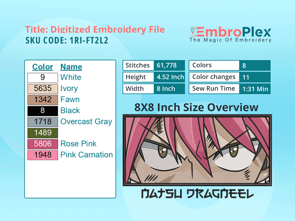 Anime-Inspired Natsu Dragneel Embroidery Design File - 8x8 Inch hoop Size Variation overview image