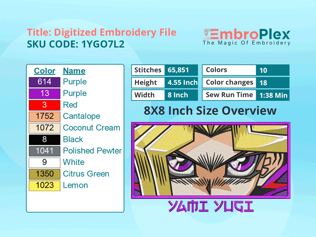 Anime-Inspired Yugi Mutou Embroidery Design File - 8x8 Inch hoop Size Variation overview image