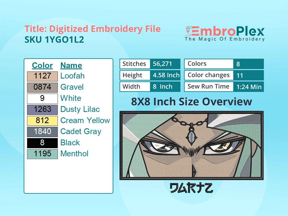 Anime-Inspired Dartz Embroidery Design File - 8x8 Inch hoop Size Variation overview image