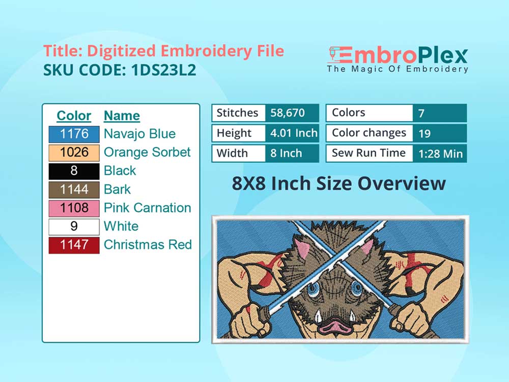 Anime-Inspired Inosuke Hashibira Embroidery Design File - 8x8 Inch hoop Size Variation overview image