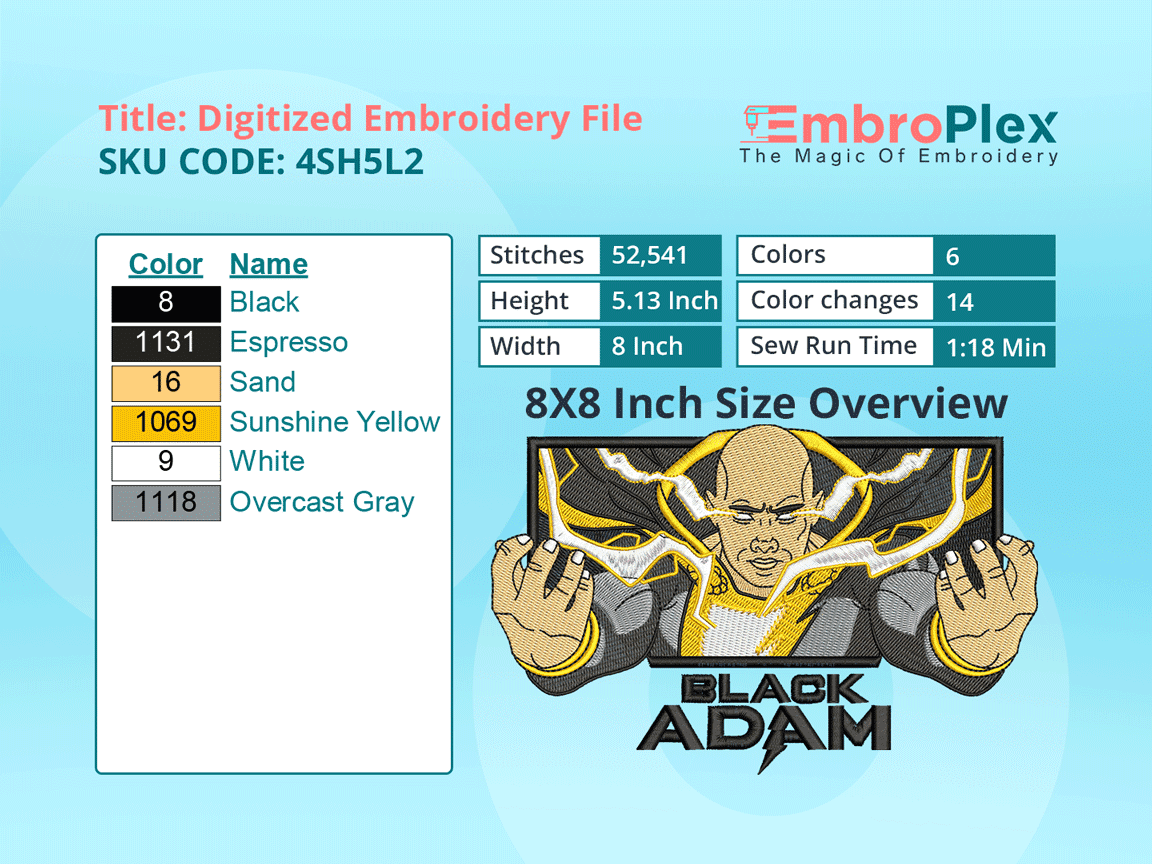 Super Hero-Inspired  Black Adam Embroidery Design File - 8x8 Inch hoop Size Variation overview image