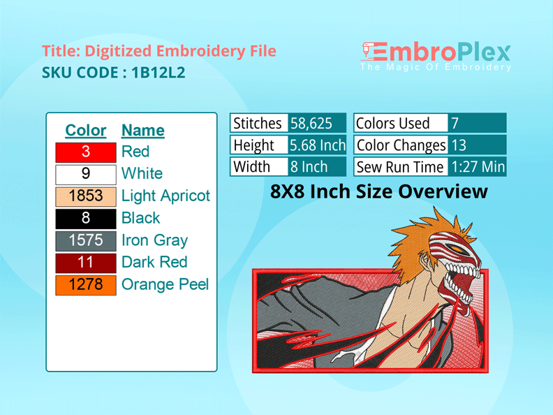 Anime-Inspired Ichigo-Kurosaki Embroidery Design File - 8x8 Inch hoop Size Variation overview image