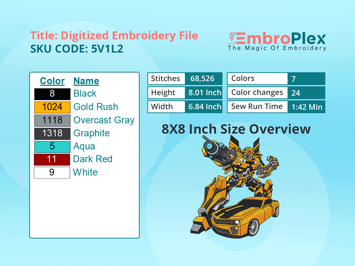 Car-Inspired BumbleBee & Camaro Embroidery Design File - 8x8 Inch hoop Size Variation overview image
