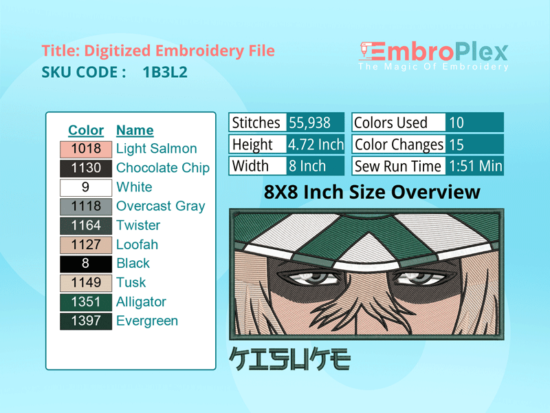 Anime-Inspired Kisuke Urahara Embroidery Design File - 8x8 Inch hoop Size Variation overview imag