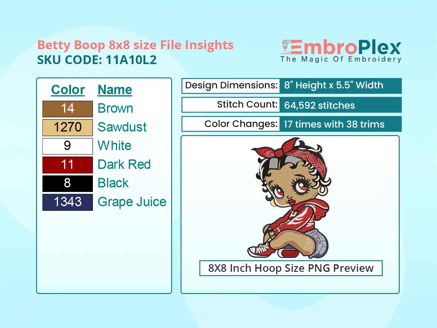 Cartoon Betty Boop Embroidery Design File - 8x8 Inch hoop Size Variation overview image