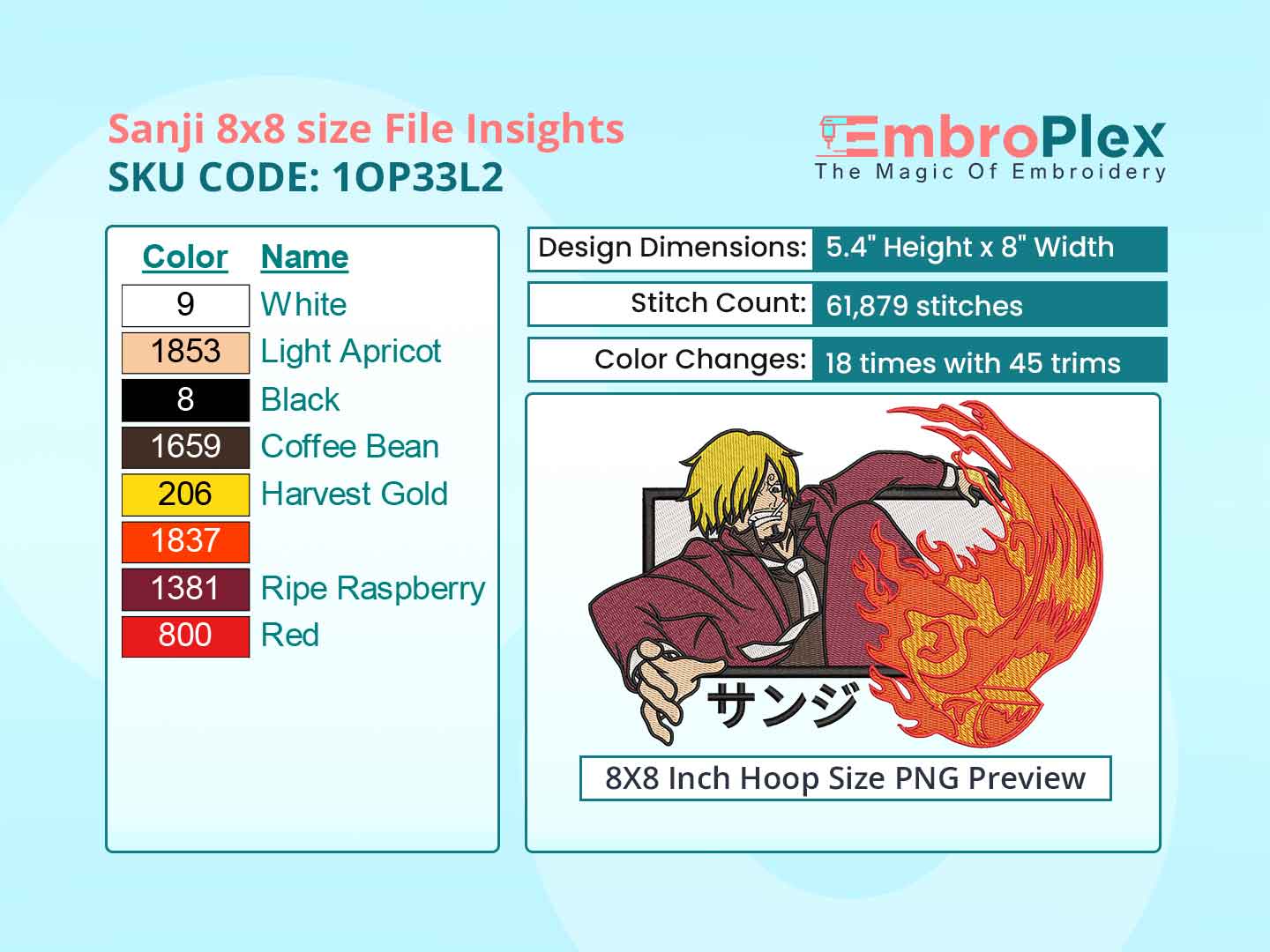 Anime-Inspired Sanji Embroidery Design File - 8x8 Inch hoop Size Variation overview image