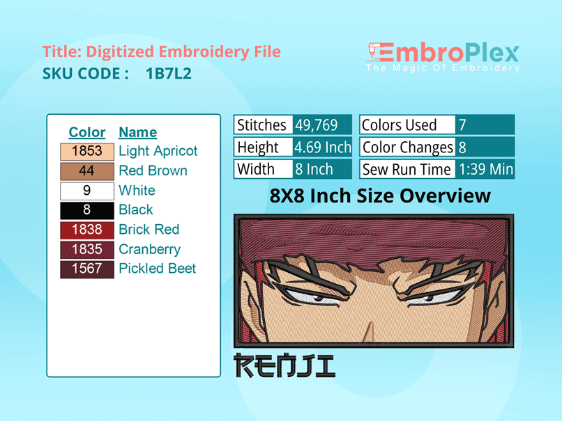 Anime-Inspired Renji Abara Embroidery Design File - 8x8 Inch hoop Size Variation overview image