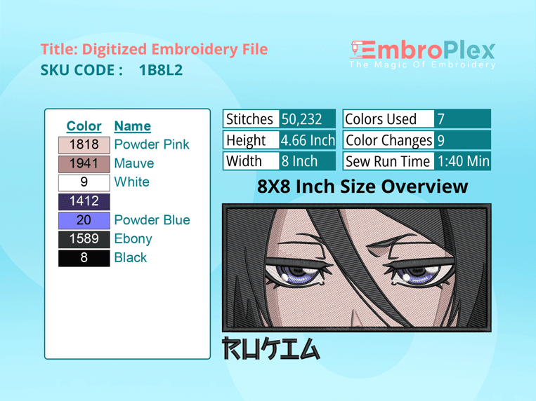 Rukia Kuchiki Embroidery Design File (Anime-Inspired)