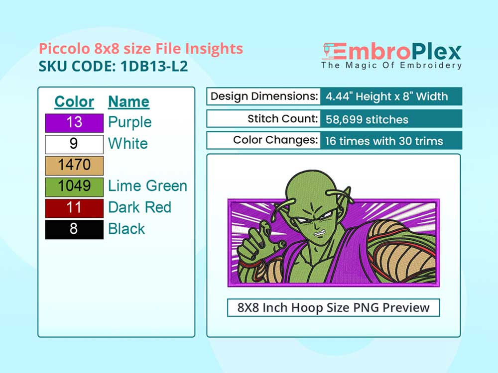 Anime-Inspired Piccolo Embroidery Design File - 8x8 Inch hoop Size Variation overview image