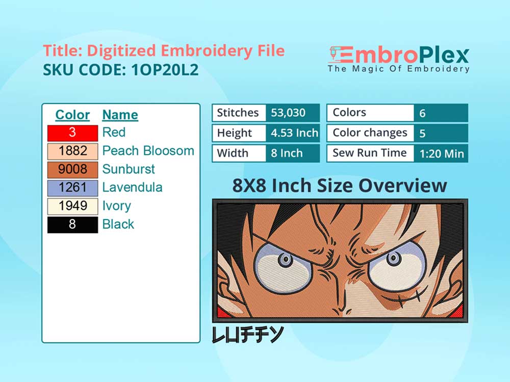 Anime-Inspired Luffy Embroidery Design File - 6x10 Inch hoop Size Variation overview image