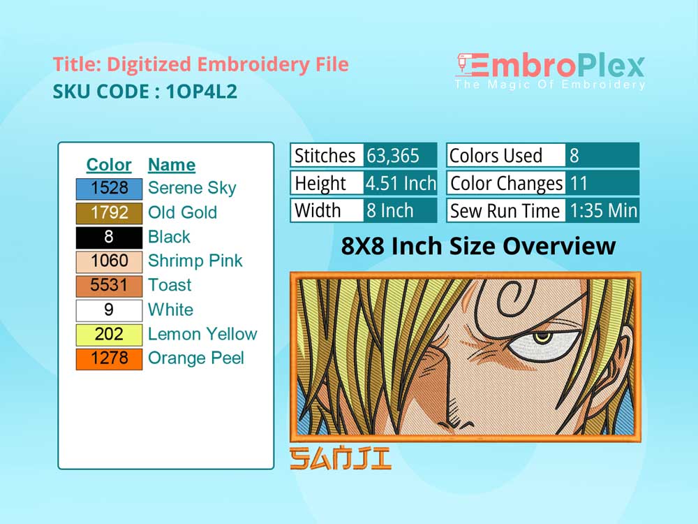 Anime-Inspired Sanji Embroidery Design File - 8x8 Inch hoop Size Variation overview image