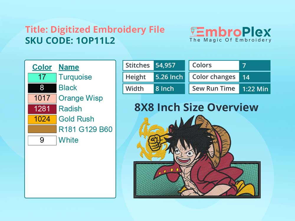 Anime-Inspired Luffy Embroidery Design File - 8x8 Inch hoop Size Variation overview image