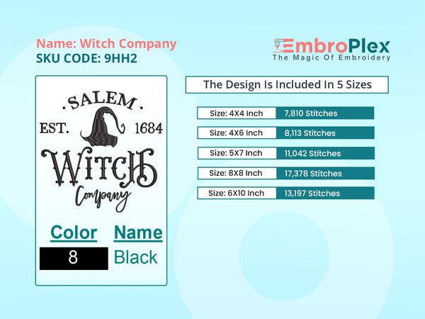 Witch Company Embroidery Design File main image - This embroidery designs files featuring Witch Company from Halloween. Digital download in DST & PES formats. High-quality machine embroidery patterns by EmbroPlex.