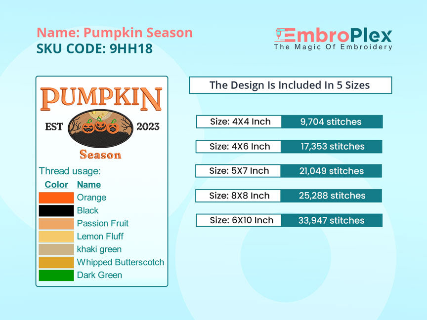 Pumpkin Season Embroidery Design File main image - This embroidery designs files featuring Pumpkin Season from Holidays. Digital download in DST & PES formats. High-quality machine embroidery patterns by EmbroPlex.