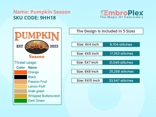 Pumpkin Season Embroidery Design File main image - This embroidery designs files featuring Pumpkin Season from Holidays. Digital download in DST & PES formats. High-quality machine embroidery patterns by EmbroPlex.