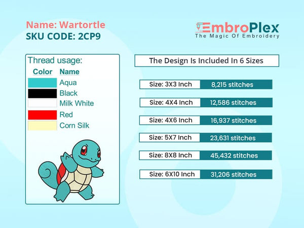 Embroidery PDF of the Exclusive Cartoon Wartortle  Embroidery Designs Files, Fits All Embroidery Machines, available in All Hoop Sizes