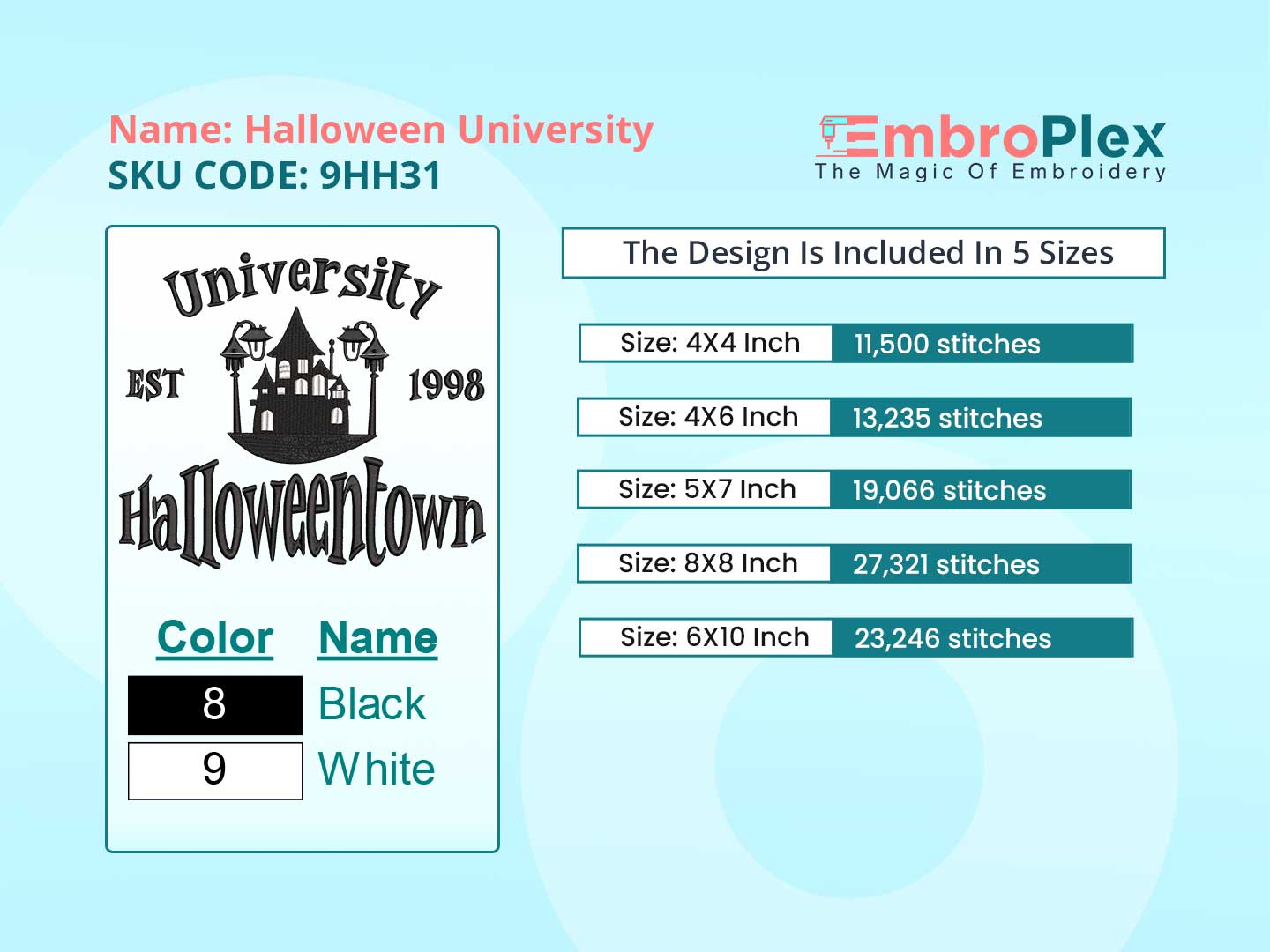 University Halloween Embroidery Design File main image - This Halloween embroidery designs files featuring University Halloween from Halloween. Digital download in DST & PES formats. High-quality machine embroidery patterns by EmbroPlex.