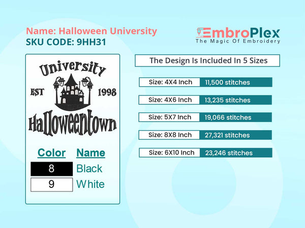 University Halloween Embroidery Design File main image - This Halloween embroidery designs files featuring University Halloween from Halloween. Digital download in DST & PES formats. High-quality machine embroidery patterns by EmbroPlex.