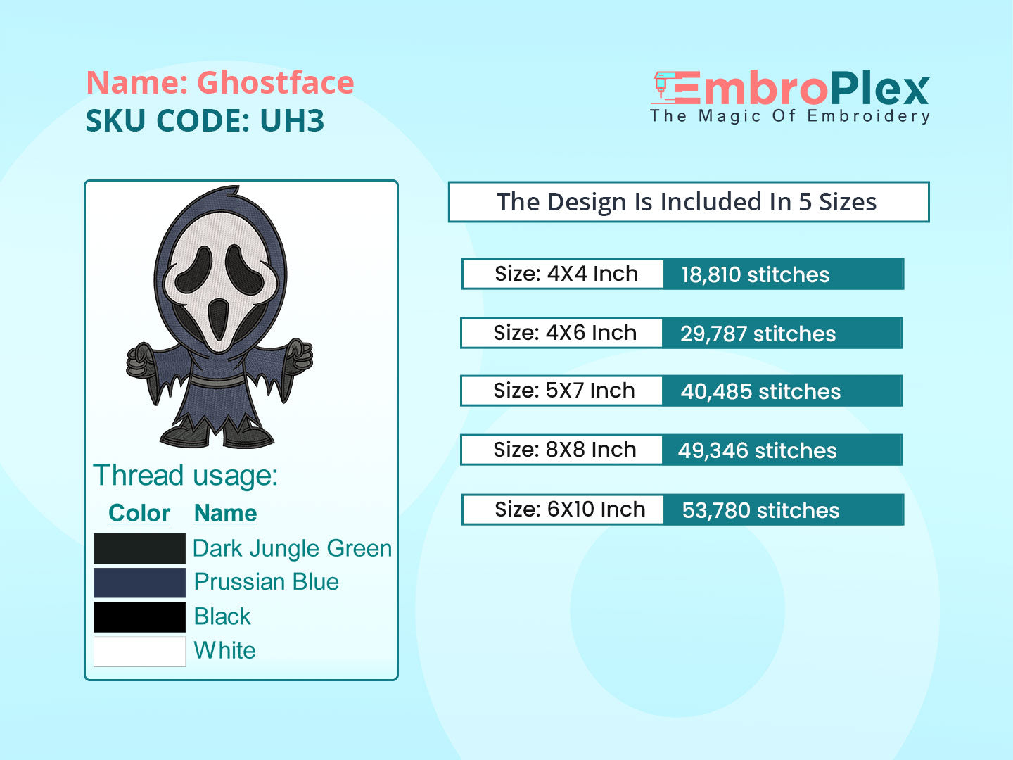 Size and color info to the Ghostface Halloween Embroidery Design File, Instant Download for All Embroidery Machines - Available In All Hoop Sizes.